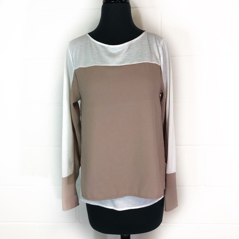 Zara Taupe And White Color Block Blouse